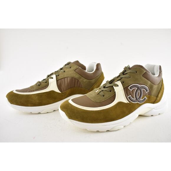 Chanel 20C Mens Brown Green White CC Logo Low Top Runner Trainer Sneaker 44 11 - Picture 10 of 12